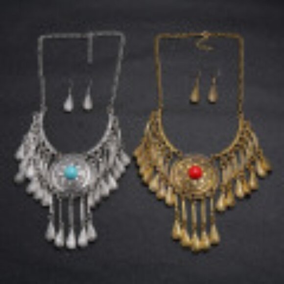 #049 Teardrop Tassel Necklace Set Vintage Geometric Flower Pattern w/Earrings - Picture 3 of 4